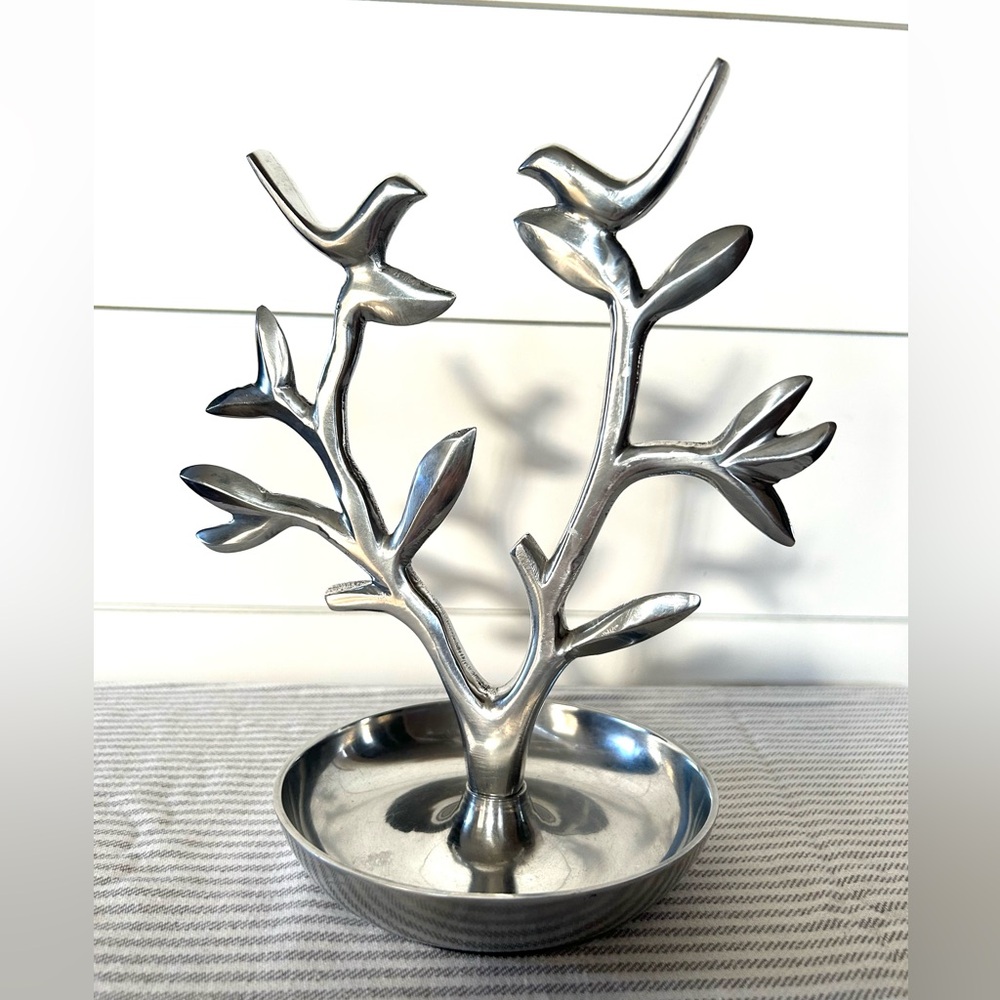 Silver Bird and Branch Decorative Sculptured Jewelry Stand